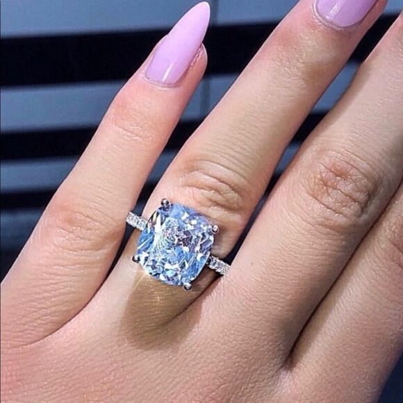 NEW! 18K White Gold Plated 5 Carat Cushion-Cut Solitaire Diamond Engagement Ring - Picture 2 of 9